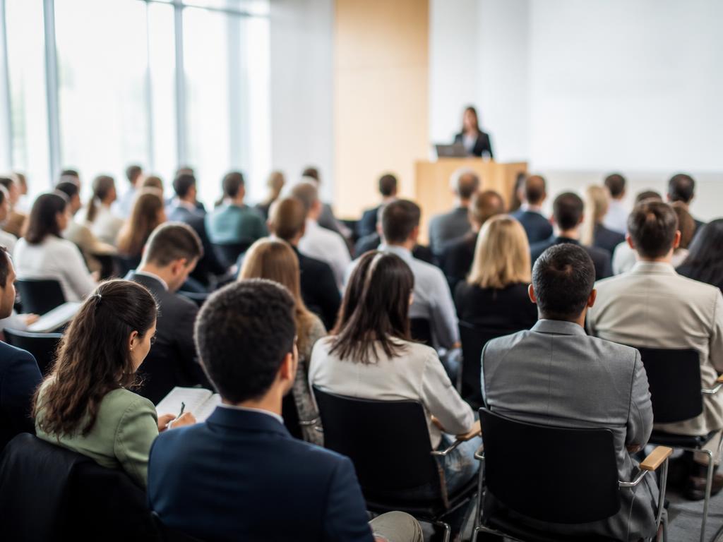 A professional conference room filled with attendees listening to a speaker